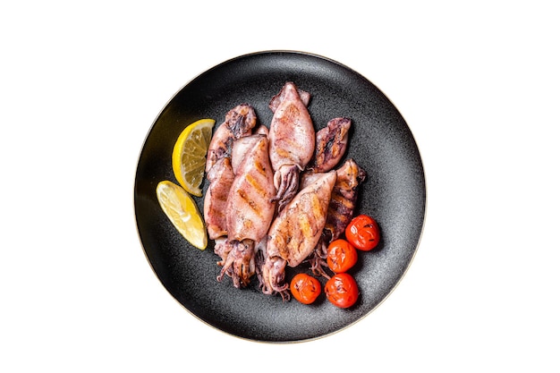 Seafood diner with grilled squid calamary in a plate Isolated on white background