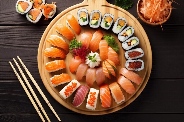 Seafood fish rice food japanese set roll sushi japan meal Generative AI