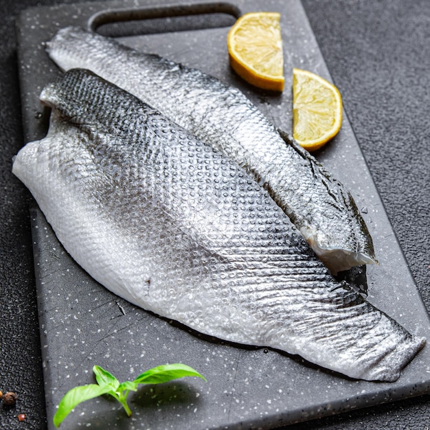 海鮮 魚 スズキ 切り身 食事 食べ物 おやつ テーブルの上 コピースペース 食べ物 背景 上