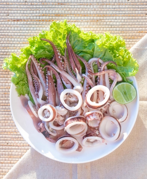 Seafood food in white bowl shrimp squid shellfish