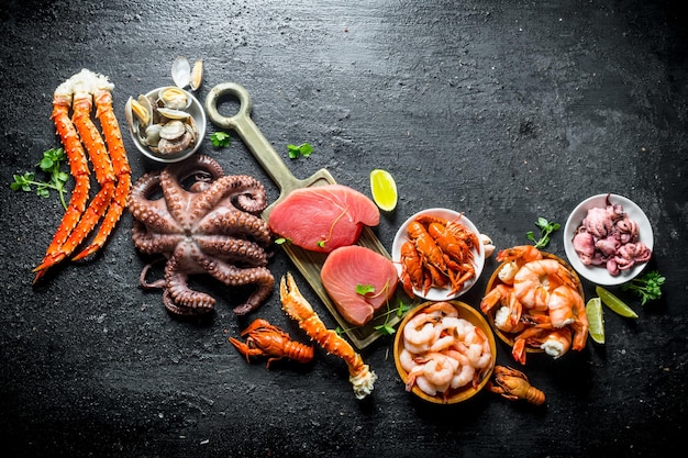 seafood fresh tuna steak with octopus shrimp crayfish and oysters