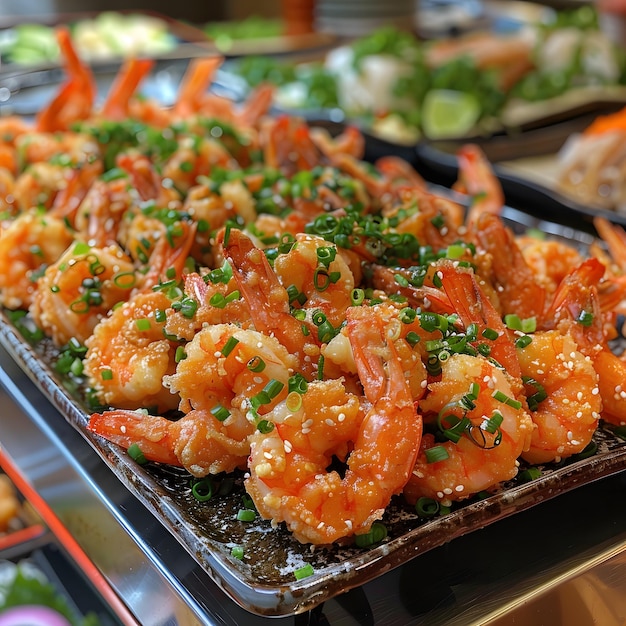 Seafood gerecht met een dienblad garnalen bekroond met groene uien