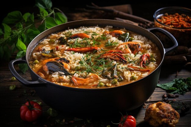 Seafood Gumbo in een gietijzeren pot