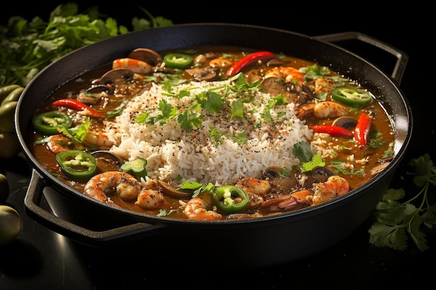 Seafood Gumbo in een gietijzeren pot