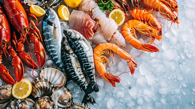 Photo seafood on ice at the fish market generative ai