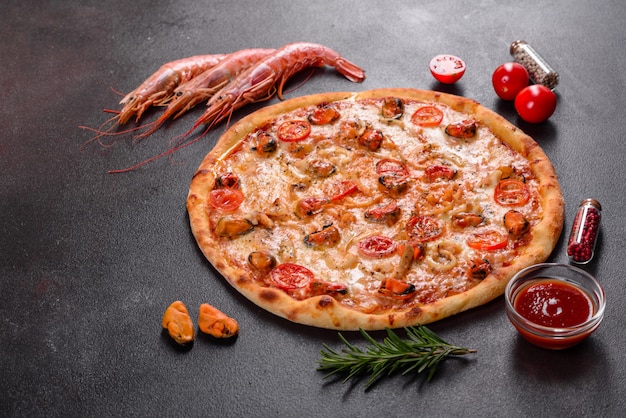 Seafood Italian pizza with shrimp, squid, mussels, fresh herbs and mozzarella
