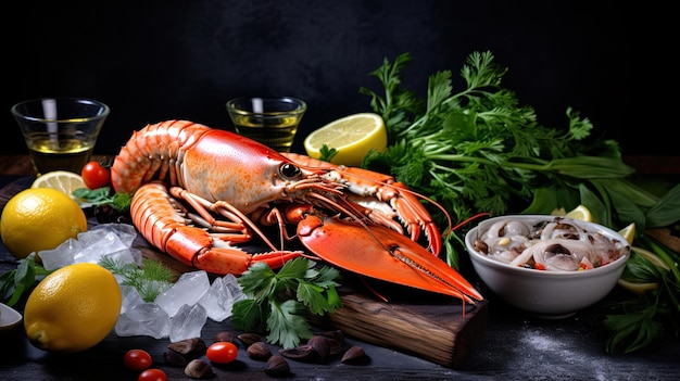 Seafood kreeft met verschillende groenten tegen een zwarte achtergrond