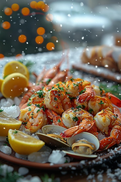 Seafood and lemon on plate