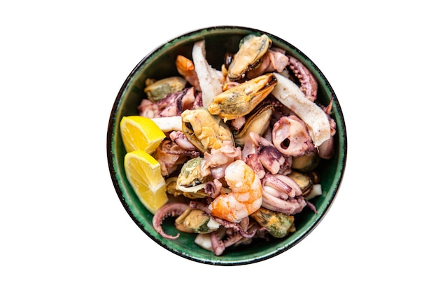 Seafood mix shrimp squid mussel octopus ready to eat meal snack on the table copy space food