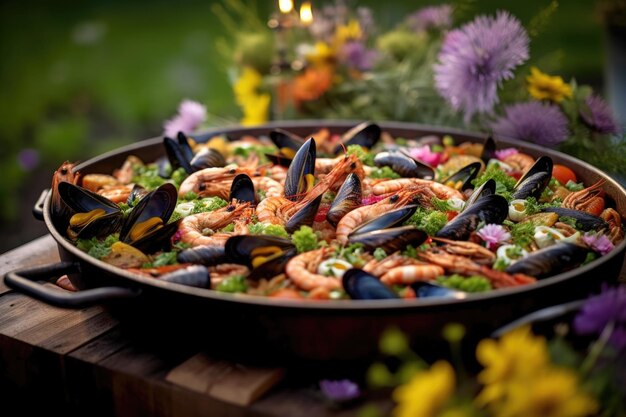 Seafood paella on bbq with colorful garnishes and herbs created with generative ai