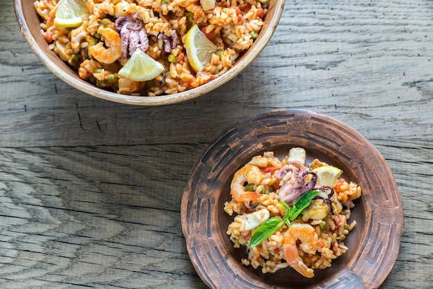 Seafood paella flat lay