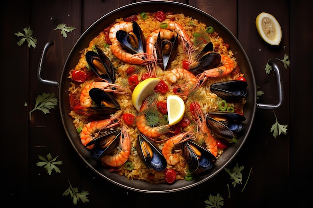 Seafood Paella in een traditionele Spaanse pan