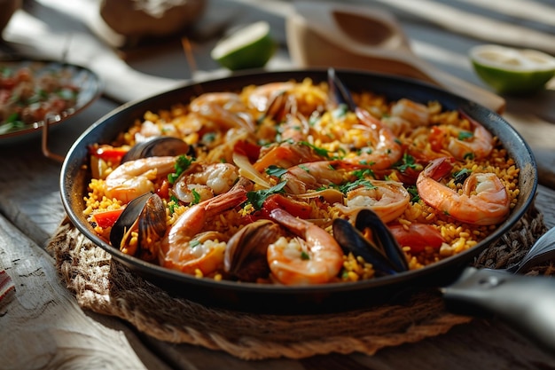 Foto paella di frutti di mare in padella su tavola