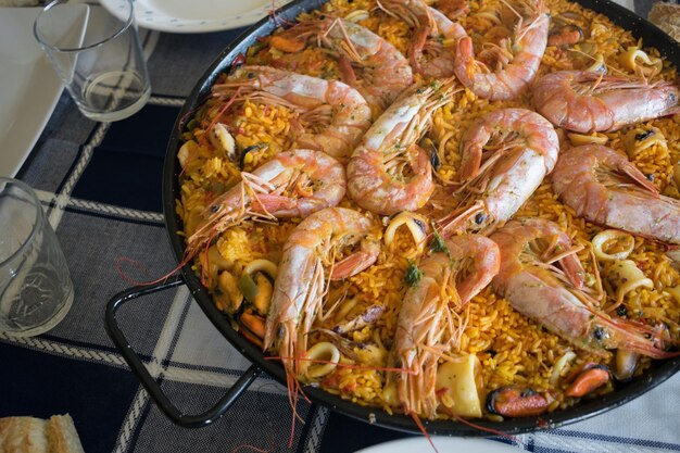 Seafood paella in the pan