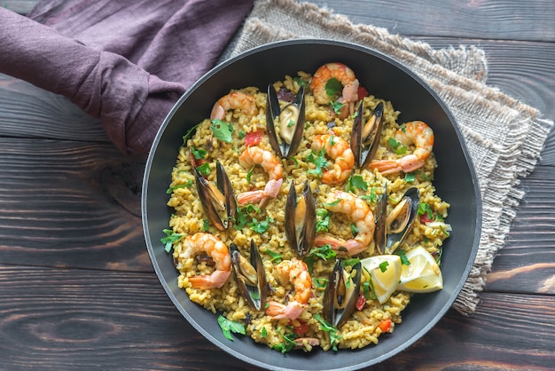 Seafood paella in the pan