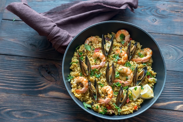 Seafood paella in the pan