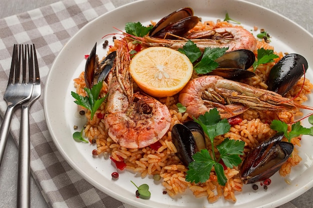 Seafood paella shrimp and mussels risotto rice homemade top view no people