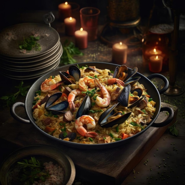 Seafood paella with mussels and shrimps in a bowl