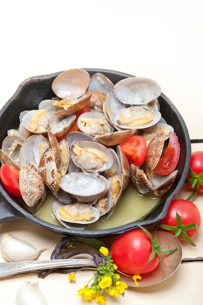 seafood in pan on table