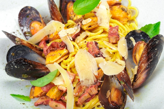 Seafood pasta isolated  close up