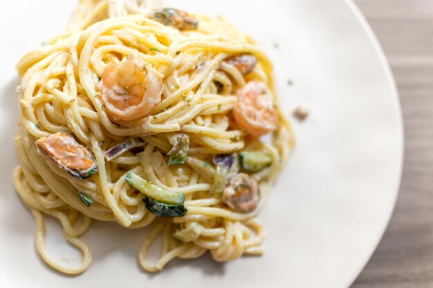 Seafood pasta Spaghetti with Prawns Shellfish and zucchini