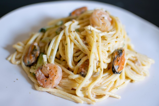 Seafood pasta Spaghetti with Prawns Shellfish and zucchini