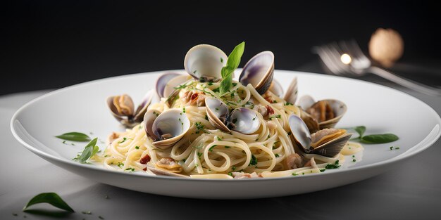 Макароны из морепродуктов с моллюсками Спагетти алле Вонголе на тарелке Темный фон