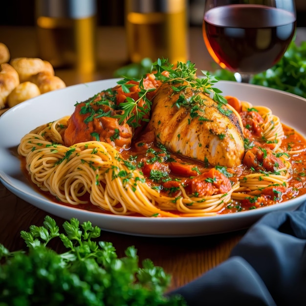 Seafood pasta with mussels with basil and tomato in white plate