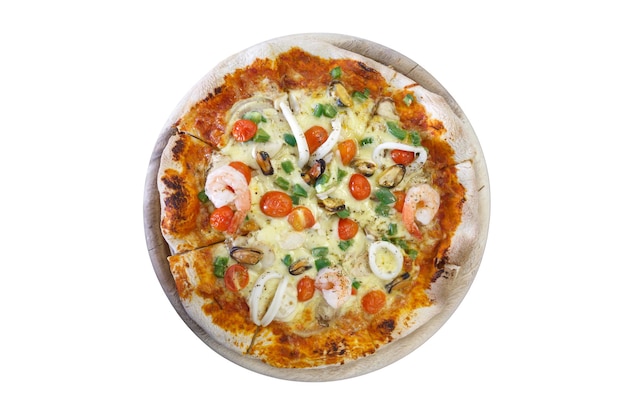 Seafood pizza isolate on white Top view