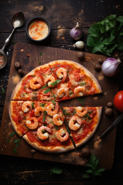 Seafood pizza with tomato sauce on wood table Generative ai