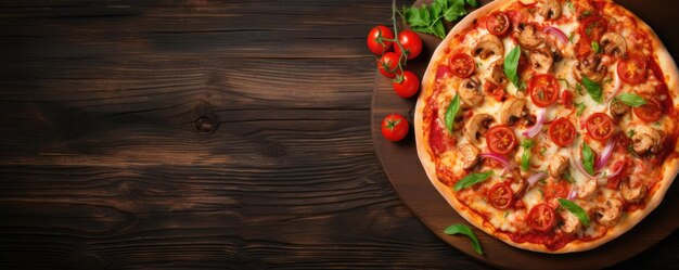 Seafood pizza with tomato sauce on wood table Generative ai