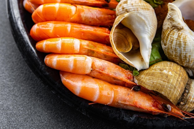 seafood plate shrimp crab claw clam rapan trumpeter mollusk meal food snack on the table