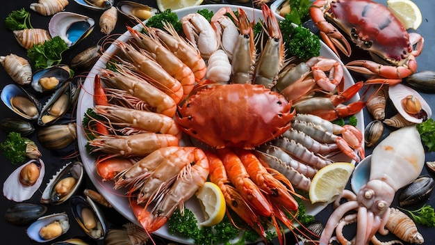 Seafood plate with shellfish shrimps prawns crab shell cockles mussel squid octopus and fish