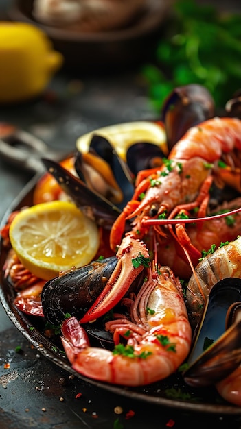 Seafood plate with shrimps mussels lobsters serve Ai generative