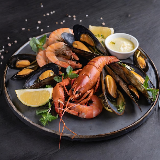Seafood plate with shrimps mussels lobsters served with lemon Ai Generated