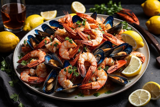 Piatto di frutti di mare con gamberi cozze aragoste servite con limone