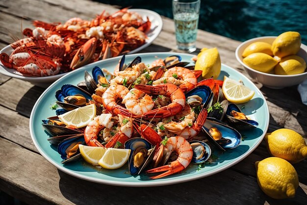 Foto piatto di frutti di mare con gamberi cozze aragoste servite con limone