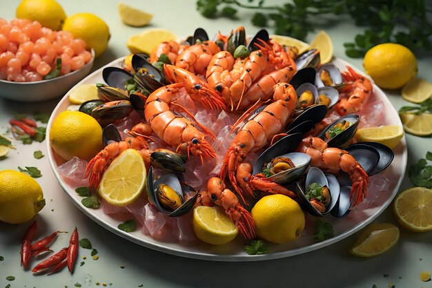 Seafood plate with shrimps mussels lobsters served with lemon