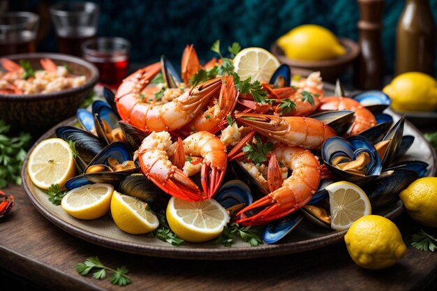 seafood plate with shrimps mussels lobsters served with lemon