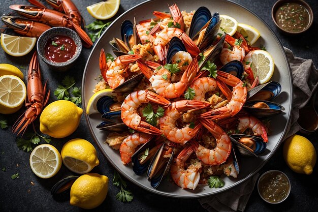 Seafood plate with shrimps mussels lobsters served with lemon