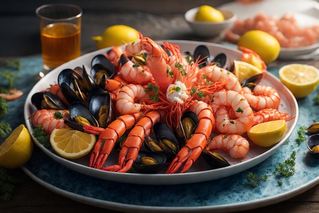 seafood plate with shrimps mussels lobsters served with lemon