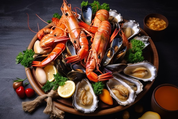 seafood plate with shrimps mussels lobsters served