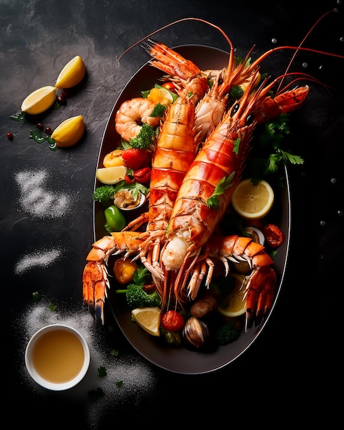 Seafood platter with a bowl of lemons on a black background