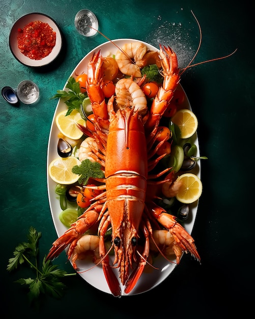 A seafood platter with a lobster on it