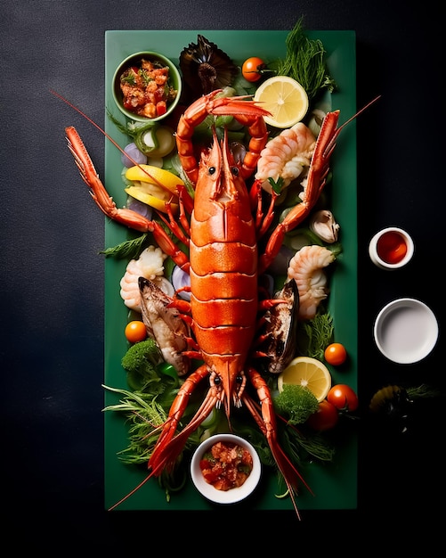 A seafood platter with a lobster on it