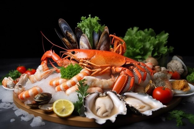 A seafood platter with a lobster on it.