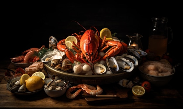 Seafood platter with lobster scallops clams A table topped with lots of different types of seafood