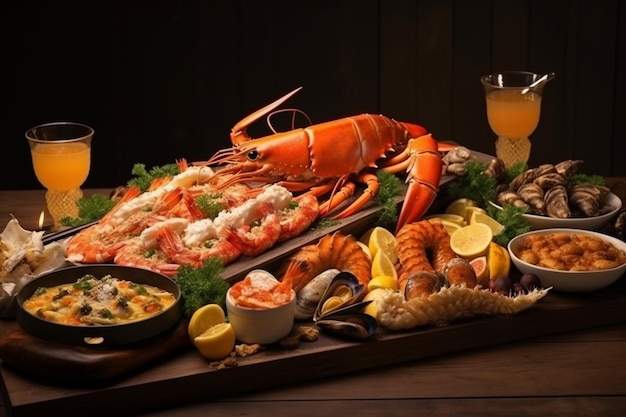 호박, 새우, 조개, 조류, 조개 조각, 조개 및 오스트리 등과 함께 나무 테이블에 있는 해산물 접시