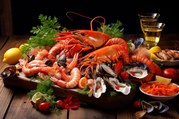 Seafood platter with lobster shrimps mussels scallops clams and oysters on wooden table