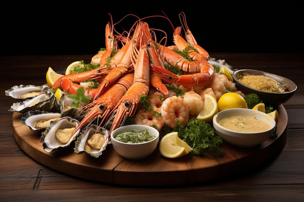 Seafood platter with shrimps prawns mussels squid shrimp crab squid and lemon on wooden table at